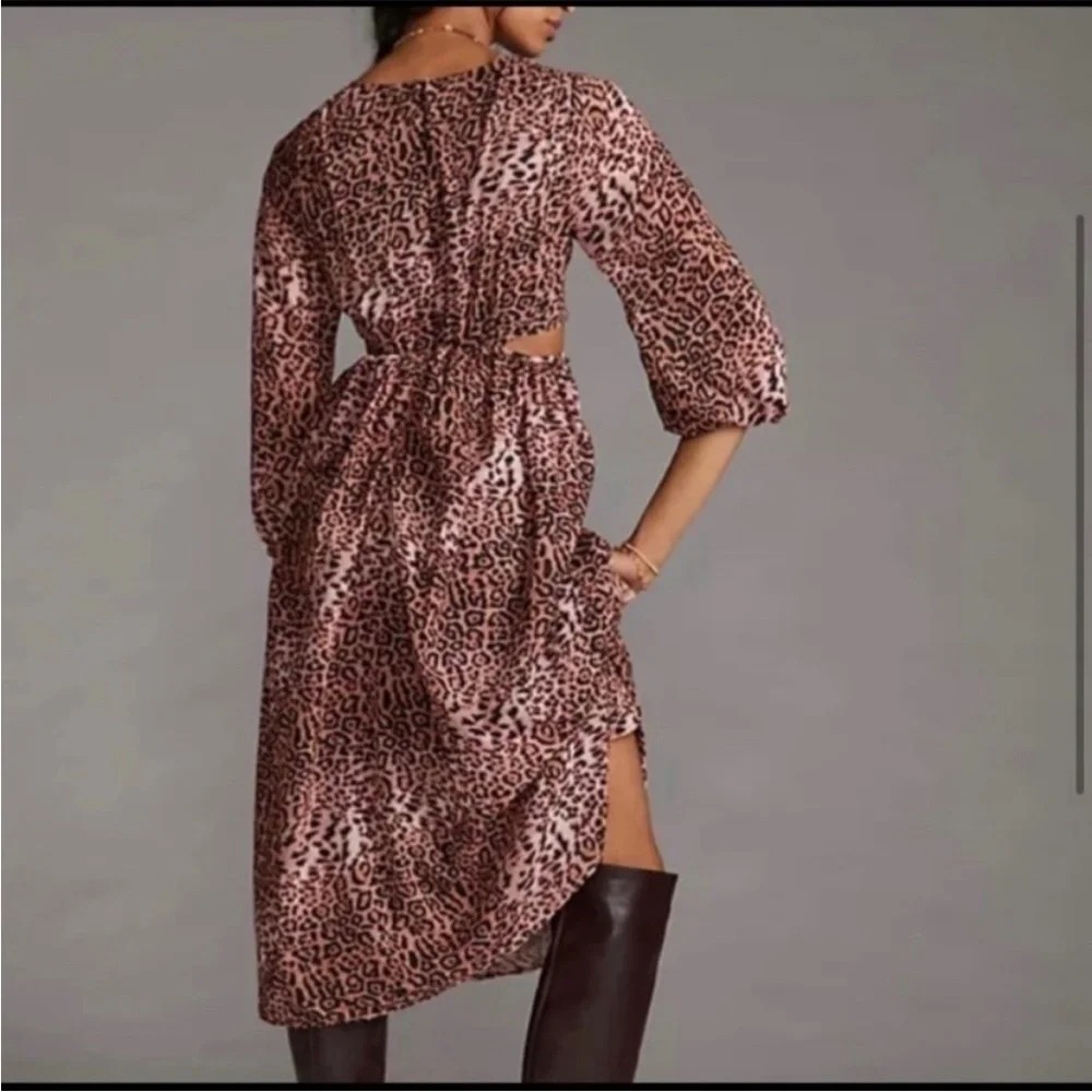 ANTHROPOLOGIE RANA GILL Long Sleeve Cutout Midi Dress in Leopard Size S